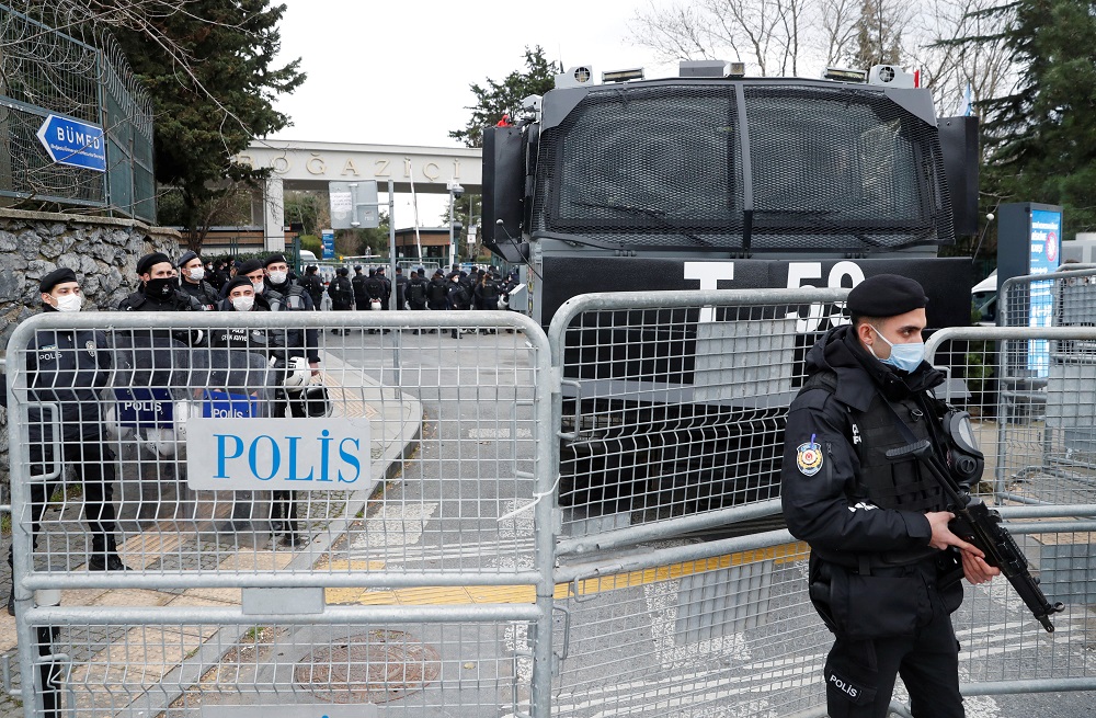 Riot police stand guard in front of the Bogazici University as students protest against the new rector and arrest of two students inside the campus, in Istanbul, Turkey February 1, 2021. u00e2u20acu2022 Reuters pic