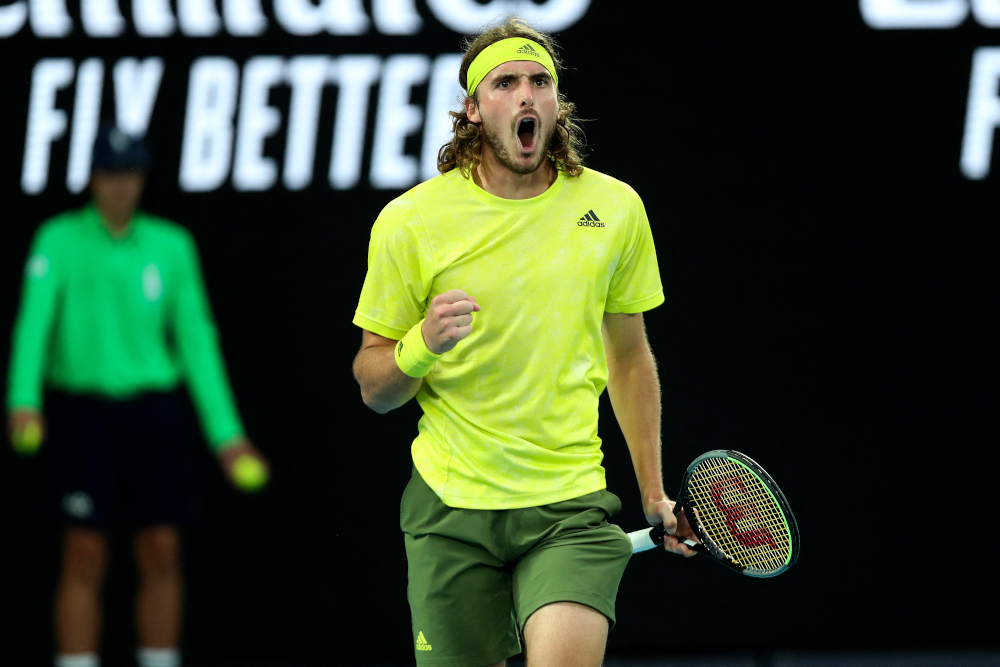 Greeceu00e2u20acu2122s Stefanos Tsitsipas reacts on a point in the fifth set against Australiau00e2u20acu2122s Thanasi Kokkinakis during their menu00e2u20acu2122s singles match on day four of the Australian Open tennis tournament in Melbourne February 11, 2021. u00e2u20acu201d AFP picnn
