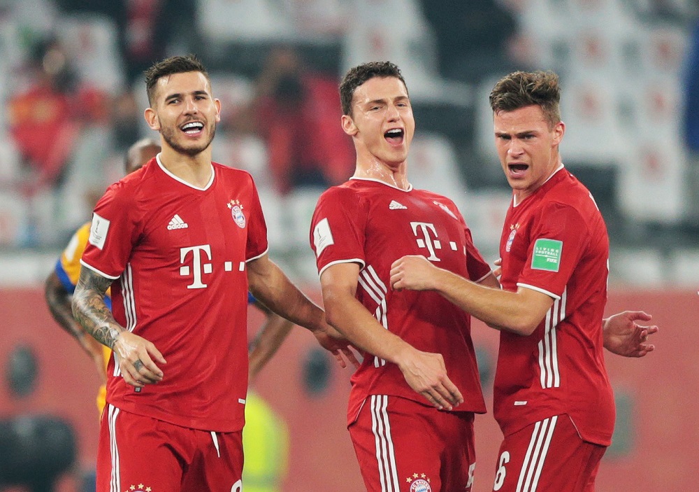 Bayern Munich's Benjamin Pavard celebrates with Lucas Hernandez and Joshua Kimmich after scoring the first goal against Tigres UANL February 12, 2021. u00e2u20acu2022 Reuters pic