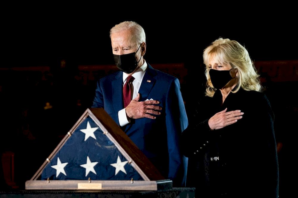 President Joe Biden and first lady Dr. Jill Biden pay their respects to US Capitol officer Brian D. Sicknick as he lies in honour in the US Capitol on February 2, 2021 in Washington, DC. u00e2u20acu201d AFP pic