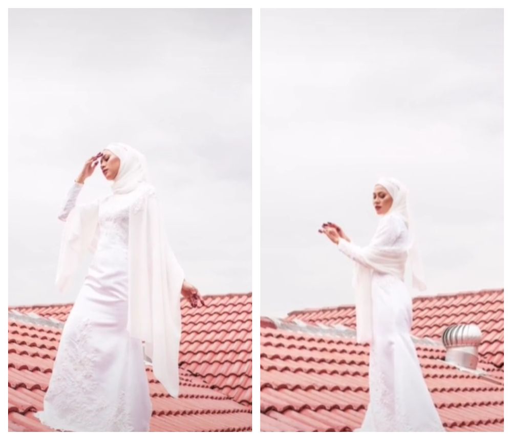 Malaysian bride has received attention online after taking her photoshoot to the roof. Screengrab via TikTok/ariffrosly1