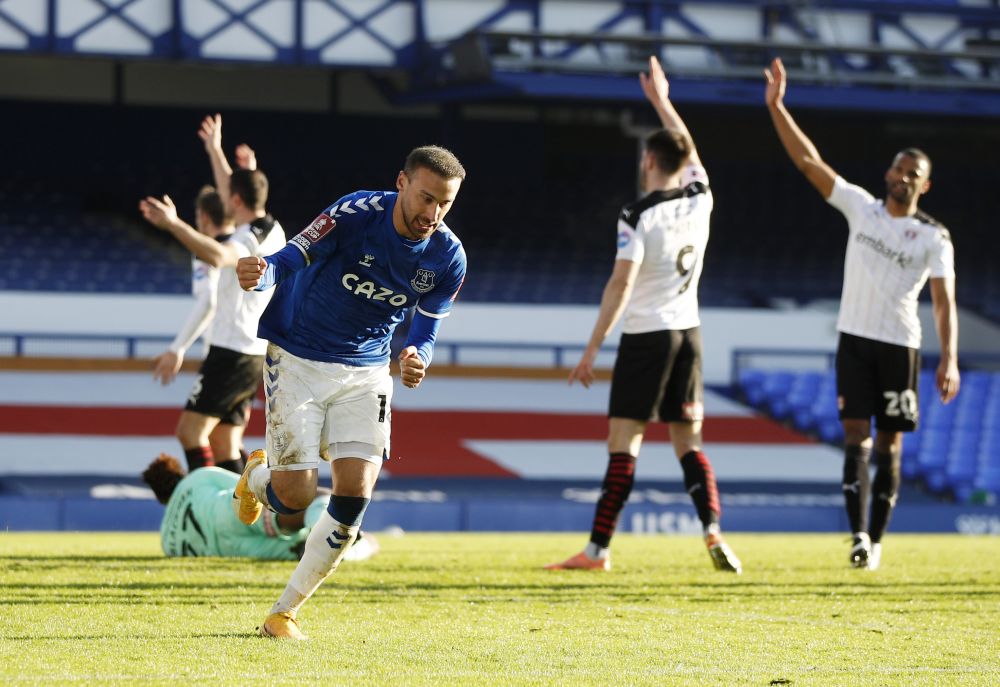 Everton's Cenk Tosun celebrates scoring a goal that is later disallowed at Goodison Park, Liverpool, January 9, 2021. u00e2u20acu201d Reuters pic