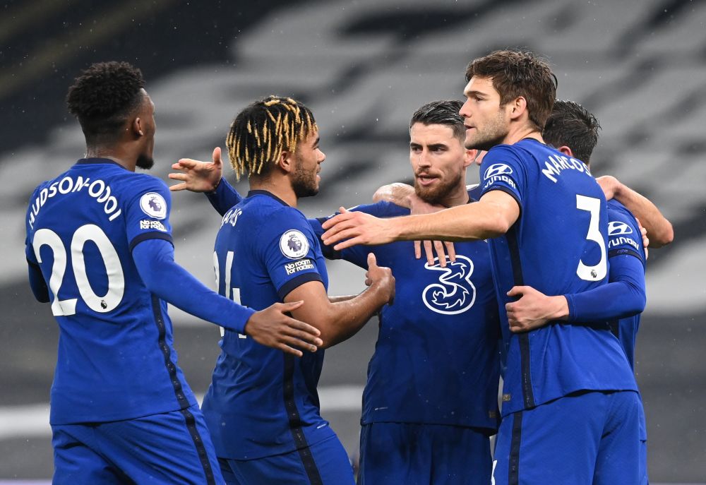 Chelsea's Jorginho (centre) celebrates scoring against their first goal against Tottenham Hotspur with teammates at the Tottenham Hotspur Stadium, London February 4, 2021. u00e2u20acu201d Reuters pic