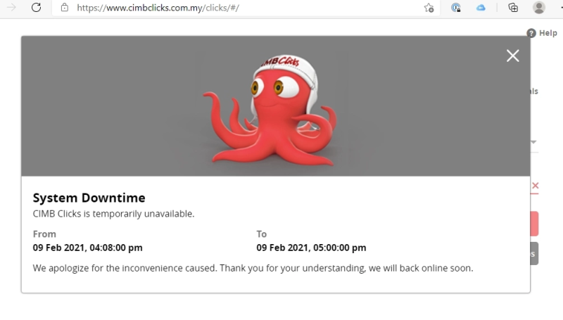 CIMB Clicks informed customer it is currently experiencing a technical issue and working to restore its services as soon as possible.