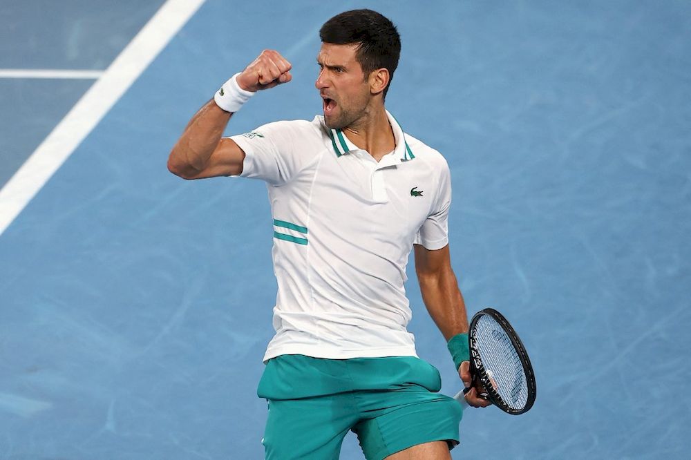 Serbiau00e2u20acu2122s Novak Djokovic reacts as he plays against Russiau00e2u20acu2122s Aslan Karatsev during their menu00e2u20acu2122s singles semi-final match on day eleven of the Australian Open in Melbourne, February 18, 2021. u00e2u20acu201d AFP pic