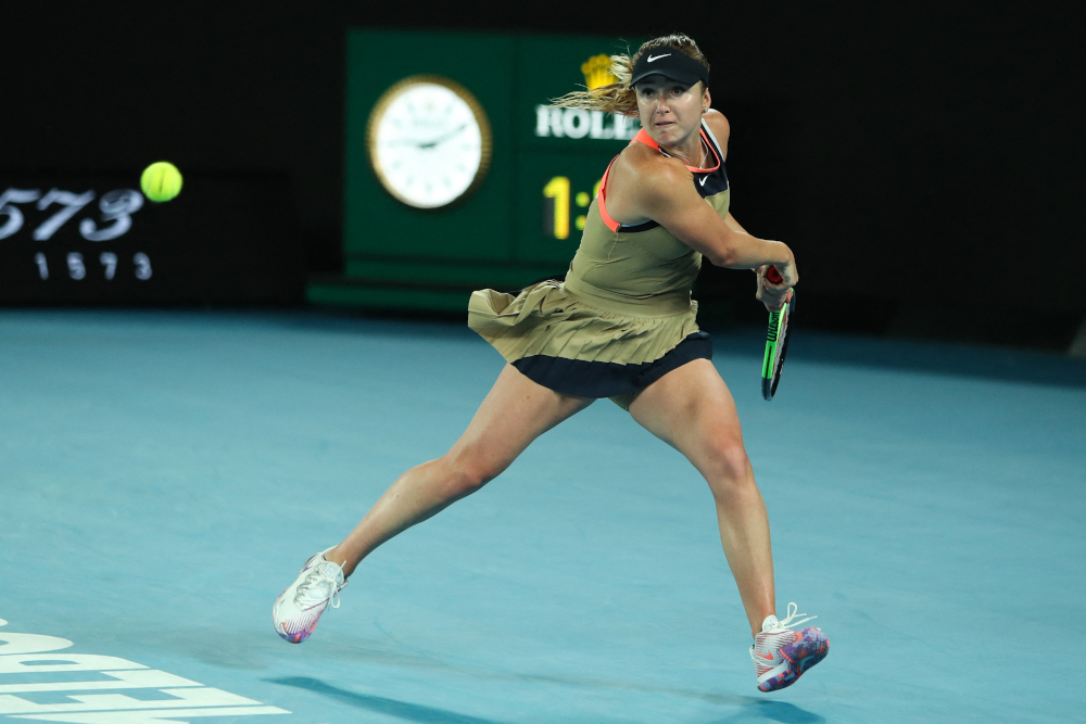Ukraineu00e2u20acu2122s Elina Svitolina hits a return against Coco Gauff of the US during their womenu00e2u20acu2122s singles match on day four of the Australian Open tennis tournament in Melbourne February 11, 2021. u00e2u20acu201d AFP picnn