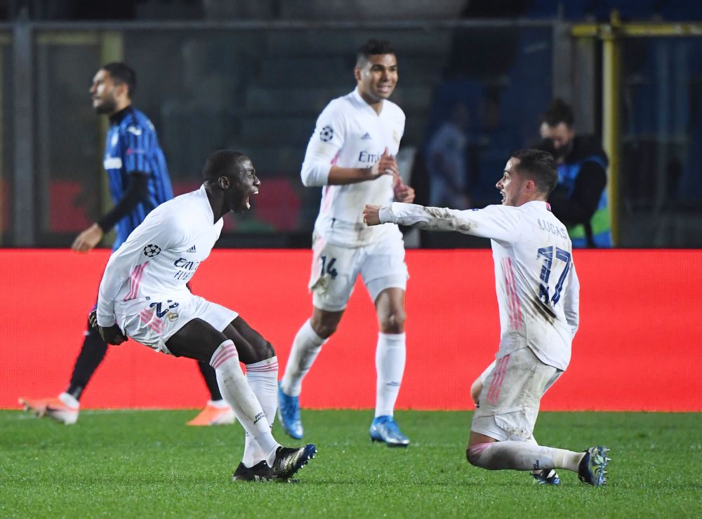 Real Madrid's Ferland Mendy celebrates scoring their first goal against Atalanta with Lucas Vazquez at Stadio Atleti Azzurri, Bergamo February 24, 2021. u00e2u20acu201d Reuters pic 
