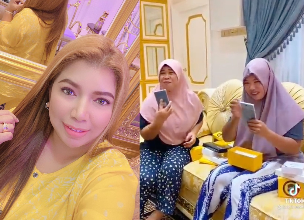 Hartini (left) surprised her maids with the new phones in a video she posted to her TikTok page. u00e2u20acu201d Pictures via Instagram/tinie.sulaiman and TikTok/ladybosskc