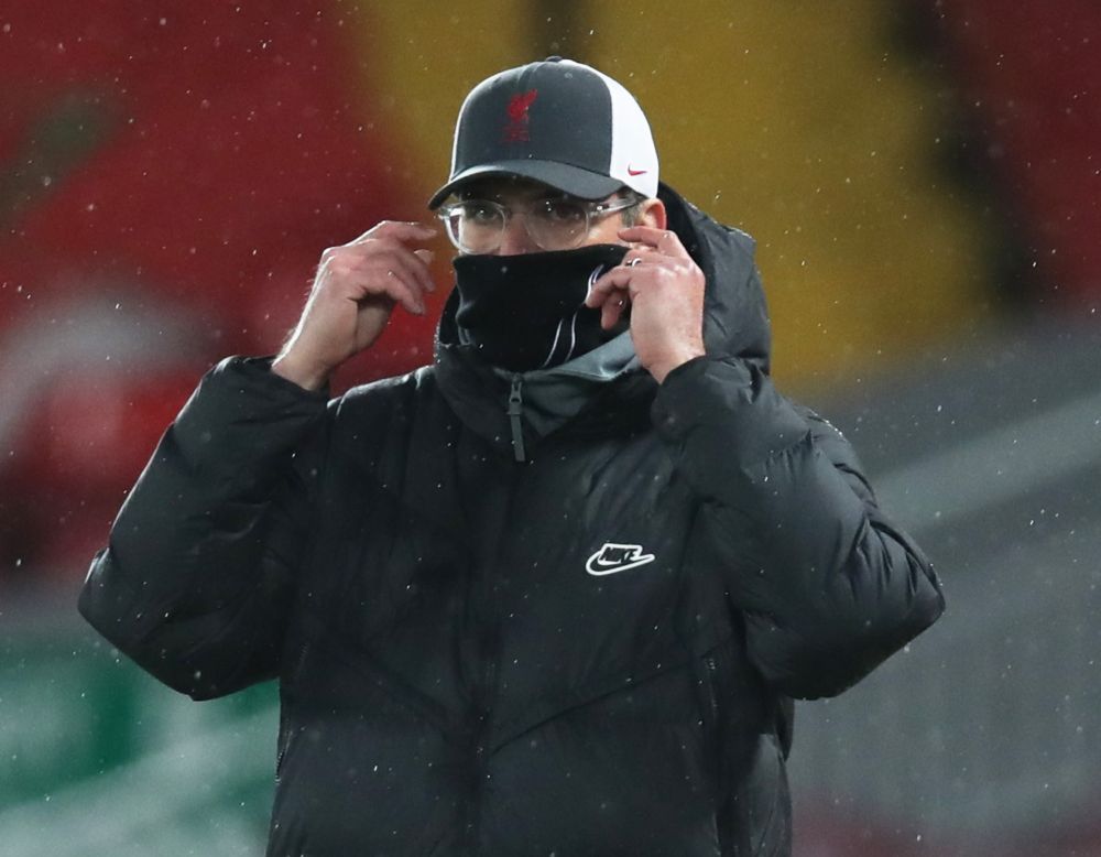 Liverpool manager Jurgen Klopp adjusts his face mask during the match against Brighton at Anfield, Liverpool February 3, 2021. u00e2u20acu2022 Reuters pic