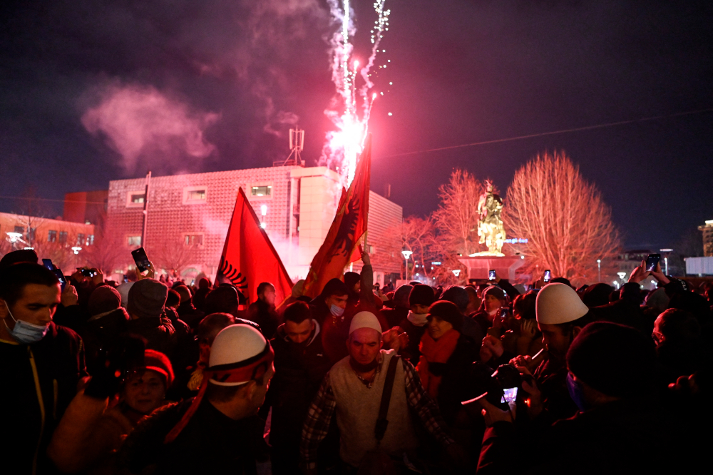 Supporters of Vetevendosje (Selfdetermination) movement celebrate their victory in parliamentary elections in Pristina February 14, 2021. u00e2u20acu201d AFP pic 