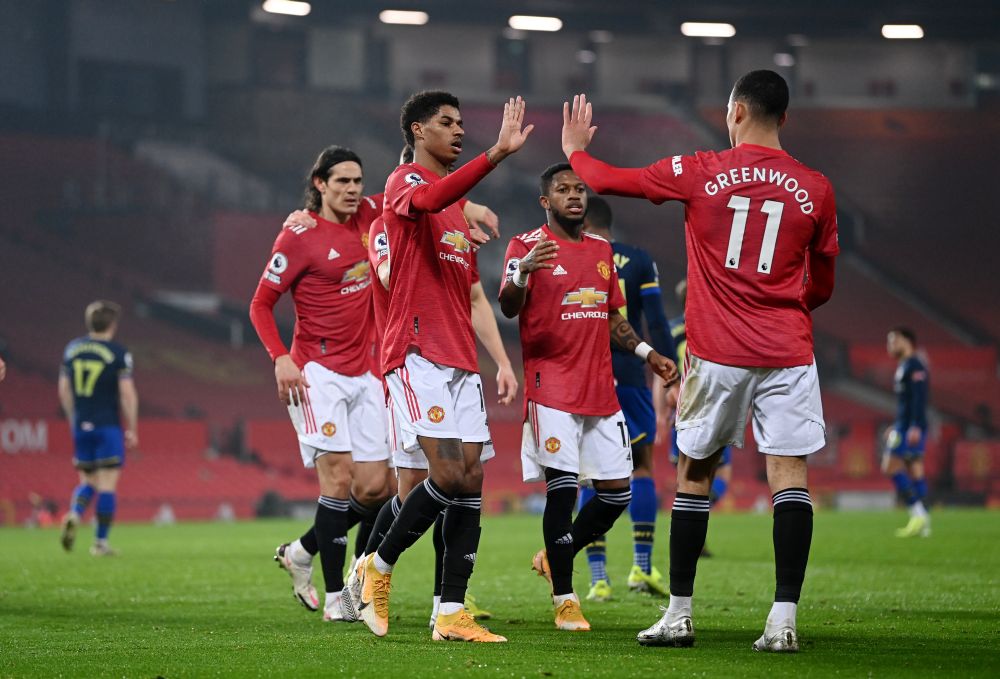 Manchester United's Marcus Rashford (right) celebrates scoring their second goal against Southampton at Old Trafford, Manchester February 2, 2021. u00e2u20acu201d Reuters pic