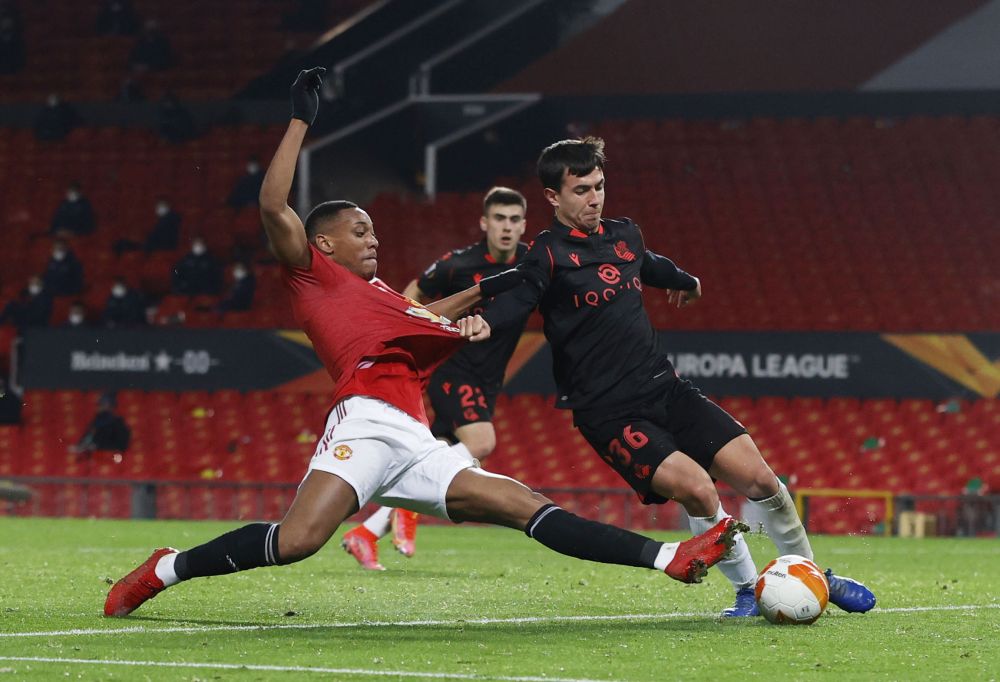 Manchester United's Anthony Martial in action with Real Sociedad's Martin Zubimendi at Old Trafford, Manchester February 25, 2021. u00e2u20acu201d Reuters pic