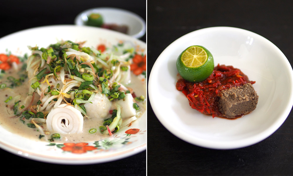 Enjoy the creamy, fish gravy with smooth rice rolls topped with a refreshing 'ulam' (left). For the 'laksam', crush the 'belacan' and mix it with the 'sambal' (right).