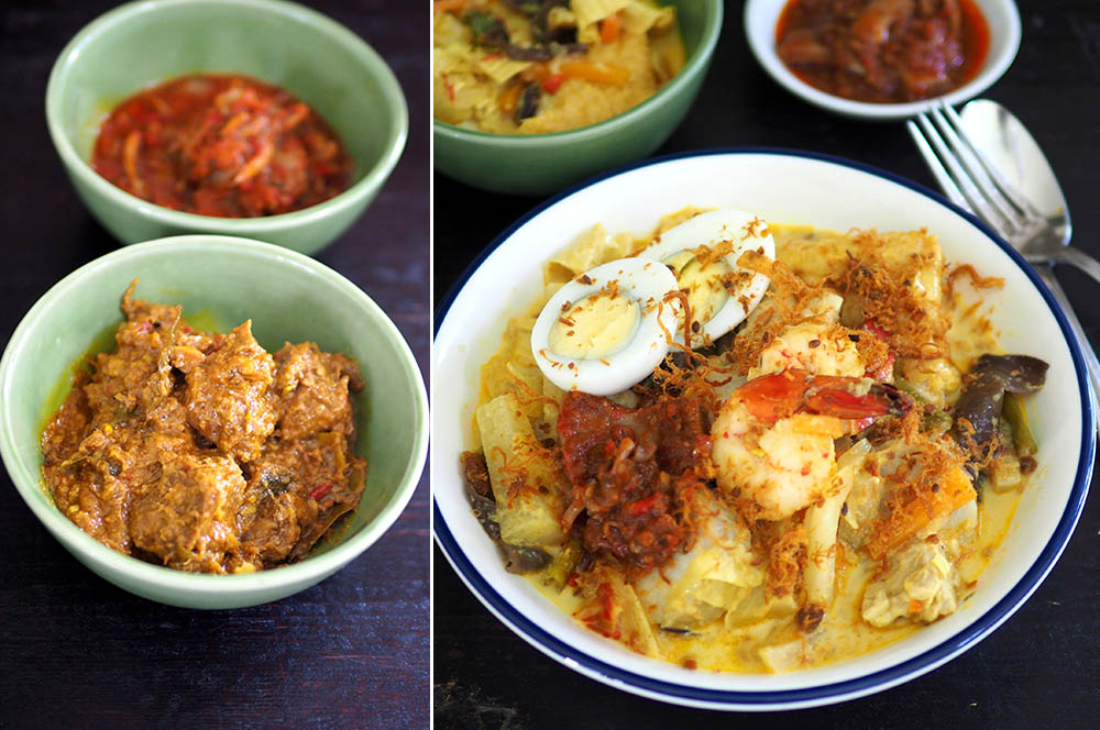 The 'rendang daging' has a lovely creamy texture paired with tender meat (left). Start your day right with this delicious 'lontong' made with softer rice cakes boiled in banana leaves, 'sayur lodeh', 'serunding' and 'sambal sotong kering' (right).