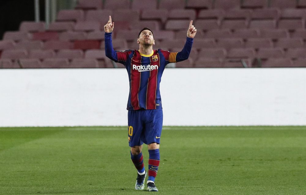 Barcelona's Lionel Messi celebrates scoring their first goal against Athletic Bilbao at Camp Nou, Barcelona January 31 2021. u00e2u20acu201d Reuters pic