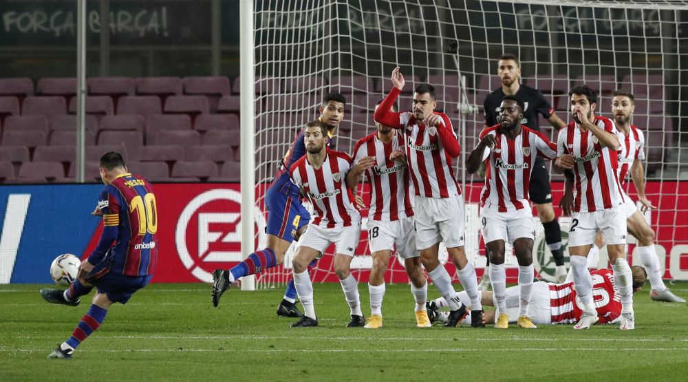 Barcelona's Lionel Messi scores their first goal against Athletic Bilbao from a freekick at Camp Nou, Barcelona January 31 2021. u00e2u20acu201d Reuters pic