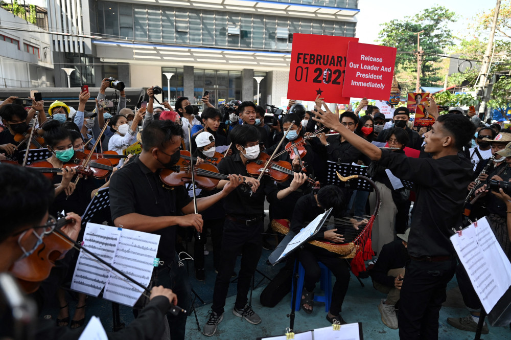 Musicians participate during a demonstration against the military coup in Yangon February 16, 2021. u00e2u20acu201d AFP pic 