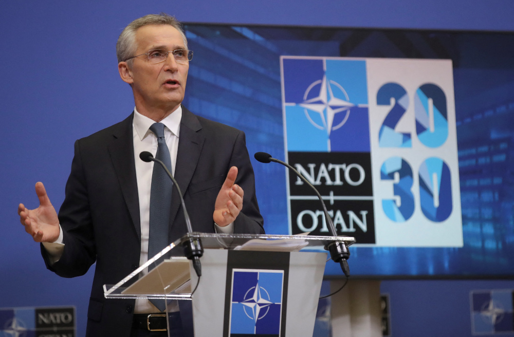 Nato Secretary General Jens Stoltenberg gives a press conference ahead of a Nato Defence minister  council at the Alliance headquarters in Brussels, February 15, 2021. u00e2u20acu201d AFP picnn