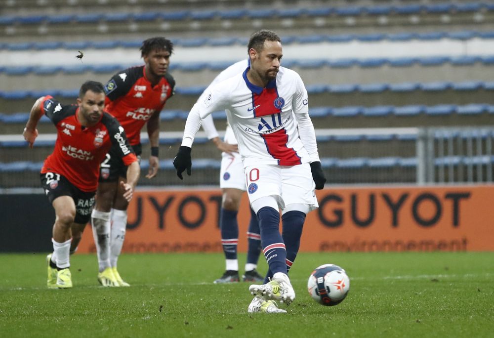 Paris St Germain's Neymar scores their second goal from the penalty spot against Lorient at Stade du Moustoir, Lorient January 31, 2021. u00e2u20acu201d Reuters pic
