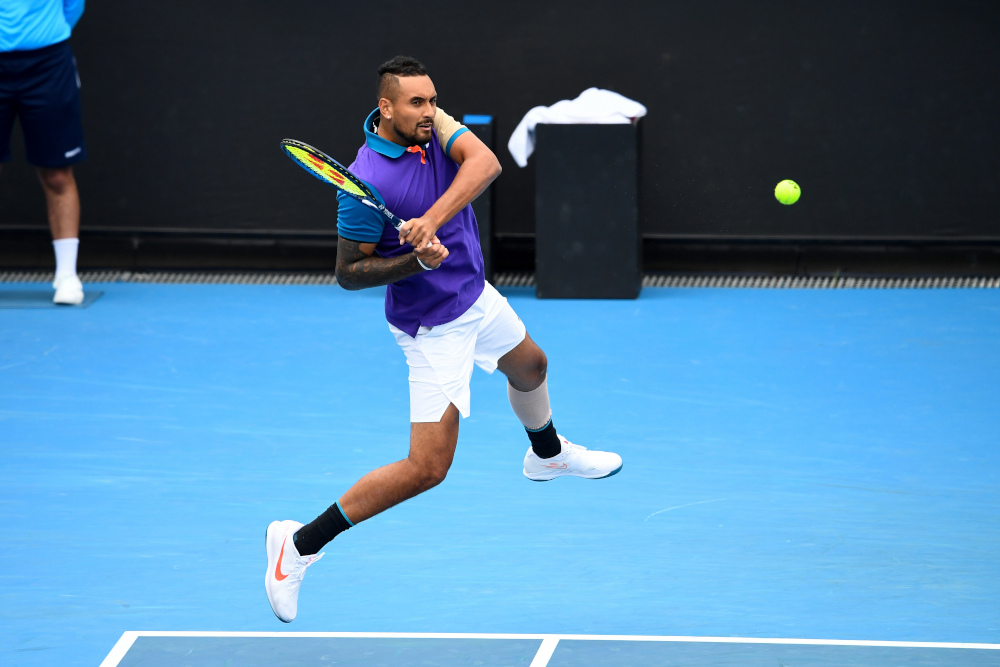 Australiau00e2u20acu2122s Nick Kyrgios hits a return against Franceu00e2u20acu2122s Alexandre Muller during their Murray River Open menu00e2u20acu2122s singles tennis match in Melbourne February 2, 2021. u00e2u20acu201d AFP pic 