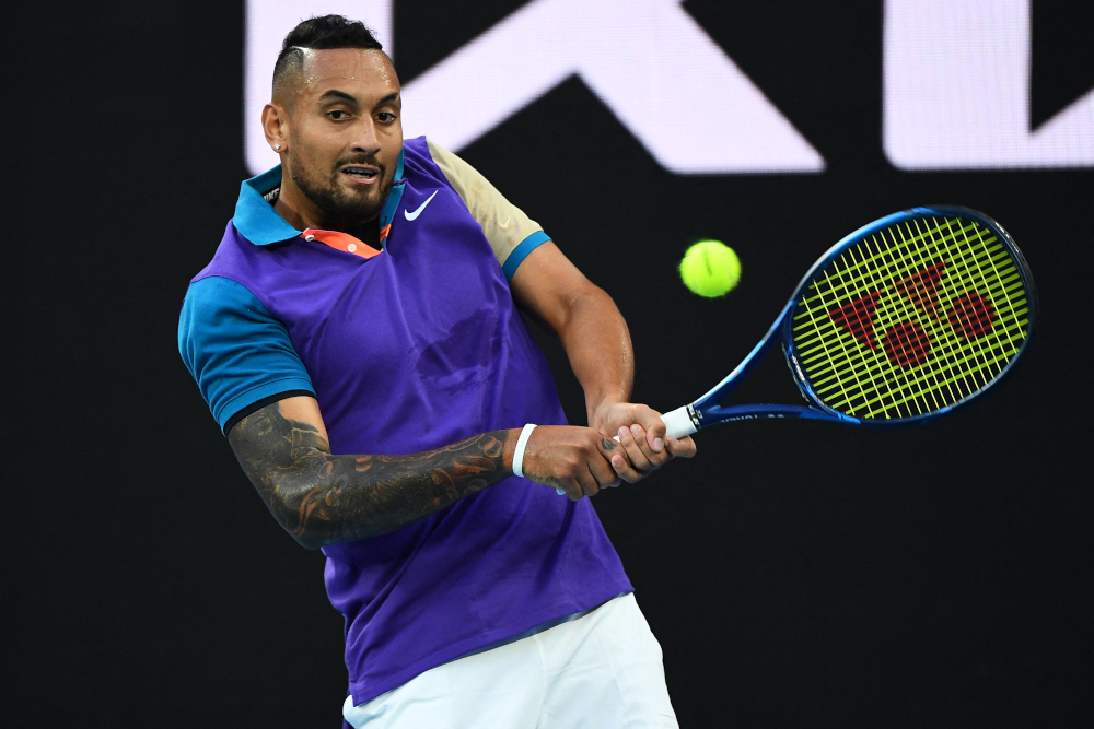 Australiau00e2u20acu2122s Nick Kyrgios hits a return against Franceu00e2u20acu2122s Ugo Humbert during their menu00e2u20acu2122s singles match on day three of the Australian Open tennis tournament in Melbourne February 10, 2021. u00e2u20acu201d AFP pic