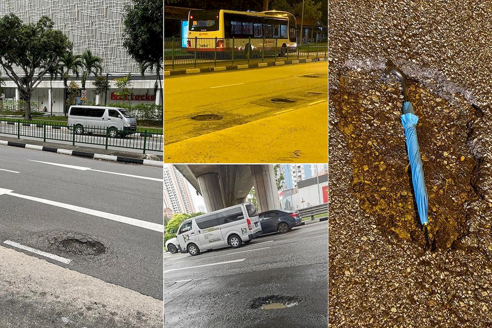 Photographs of potholes at various locations around Singapore posted on social media, including one that shows a full-sized umbrella in one large pothole. u00e2u20acu201d TODAY pic