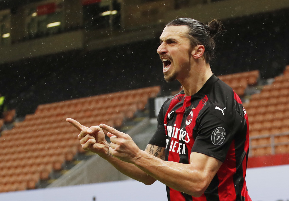 AC Milanu00e2u20acu2122s Zlatan Ibrahimovic celebrates scoring their first goal during the Serie A match between AC Milan and Crotone at San Siro, Milan February 7, 2021. u00e2u20acu201d Reuters pic
