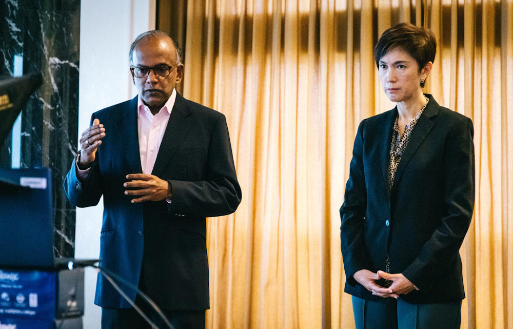 Law Minister K Shanmugam and Manpower Minister Josephine Teo at a video conference with the press on February 25, 2021. u00e2u20acu201d Picture by Singaporeu00e2u20acu2122s Ministry of Home Affairs 