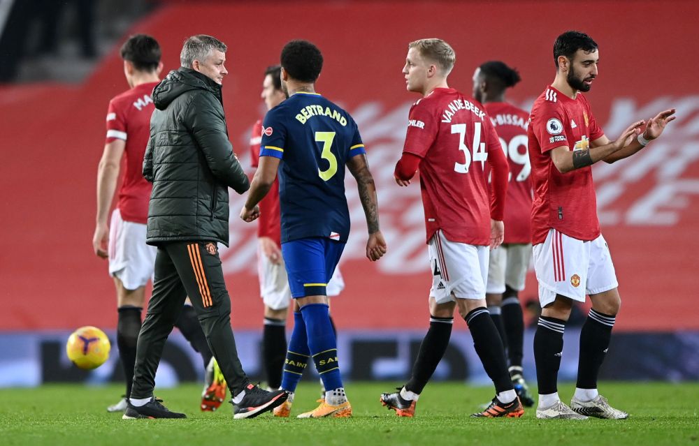 Manchester United manager Ole Gunnar Solskjaer and Donny van de Beek are pictured after the match against Southampton at Old Trafford, Manchester February 2, 2021. u00e2u20acu201d Reuters picn