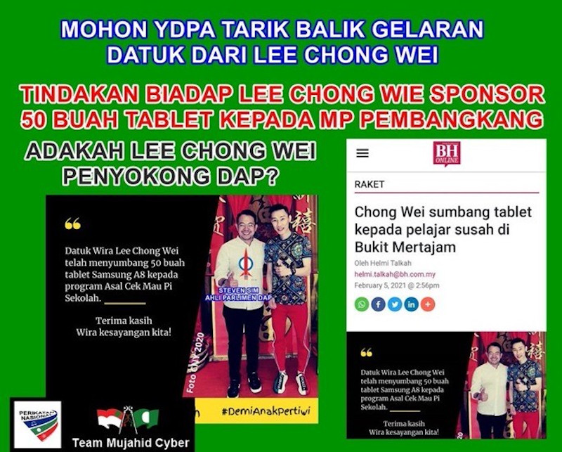 After photos of Datuk Lee Chong Wei handing over the items were published, pro-establishment groups denounced him for helping Opposition and DAP constituents.n