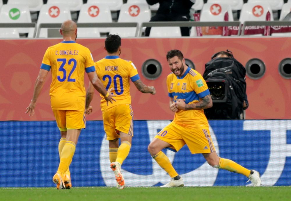 Tigres UANL's Andre Pierre Gignac (right) celebrates scoring their first goal against Palmeiras with Javier Aquino and Carlos Gonzalez at the Education City Stadium, Al Rayyan February 7, 2021. u00e2u20acu201d Reuters pic
