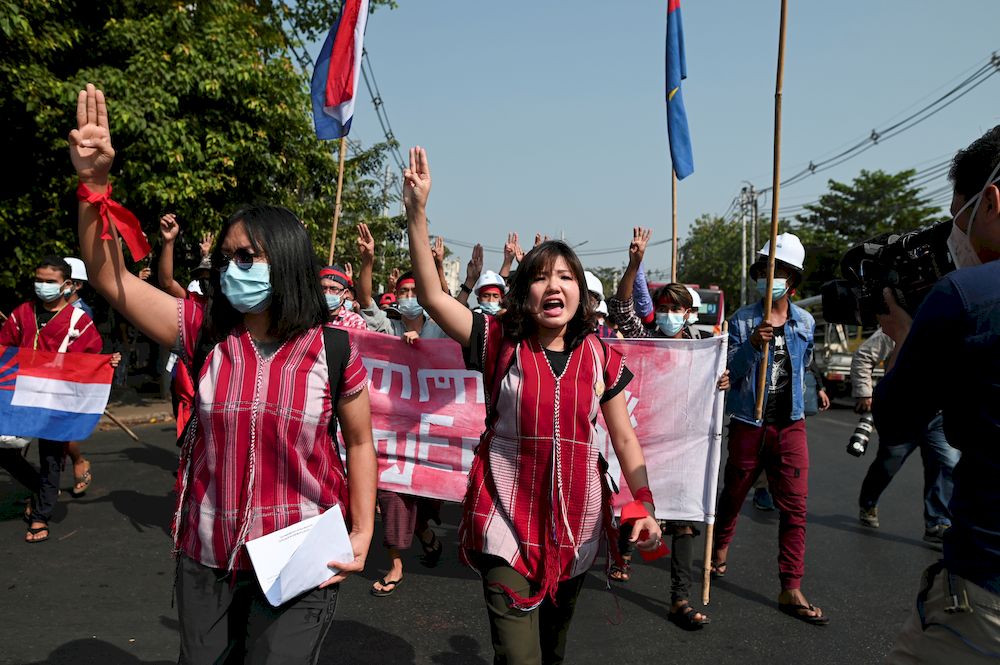 Demonstrators show the three-finger salute during a protest against the military coup and demand the release of elected leader Aung San Suu Kyi, in Yangon, Myanmar, February 6, 2021. u00e2u20acu201d Reuters pic