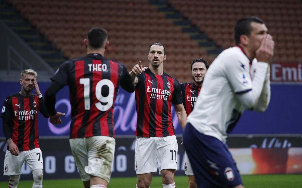 AC Milan's Zlatan Ibrahimovic celebrates scoring their second goal against Crotone with teammates  at San Siro, Milan February 7, 2021. u00e2u20acu201d Reuters pic