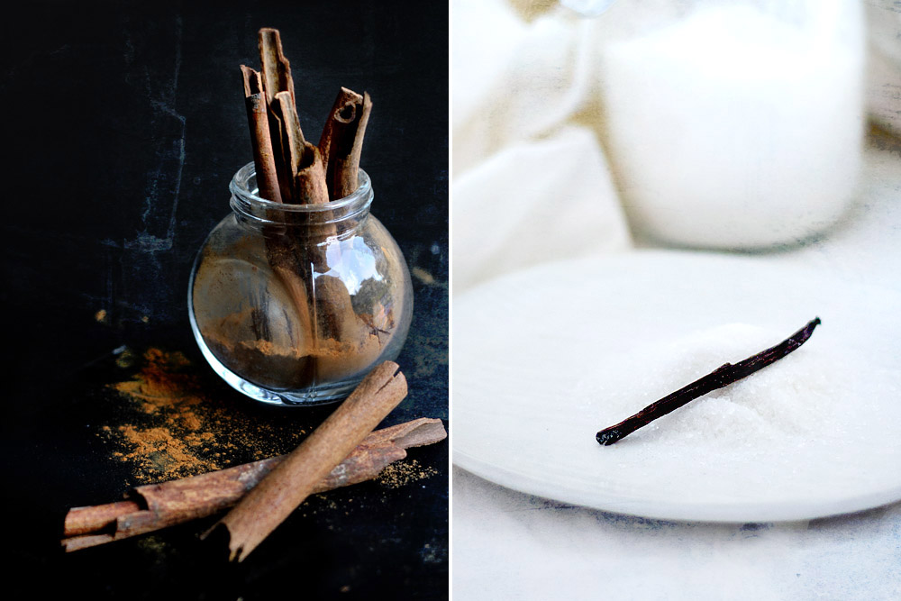 Cinnamon sticks (left) add a lovely spice note while vanilla sugar (right) makes it fancy.