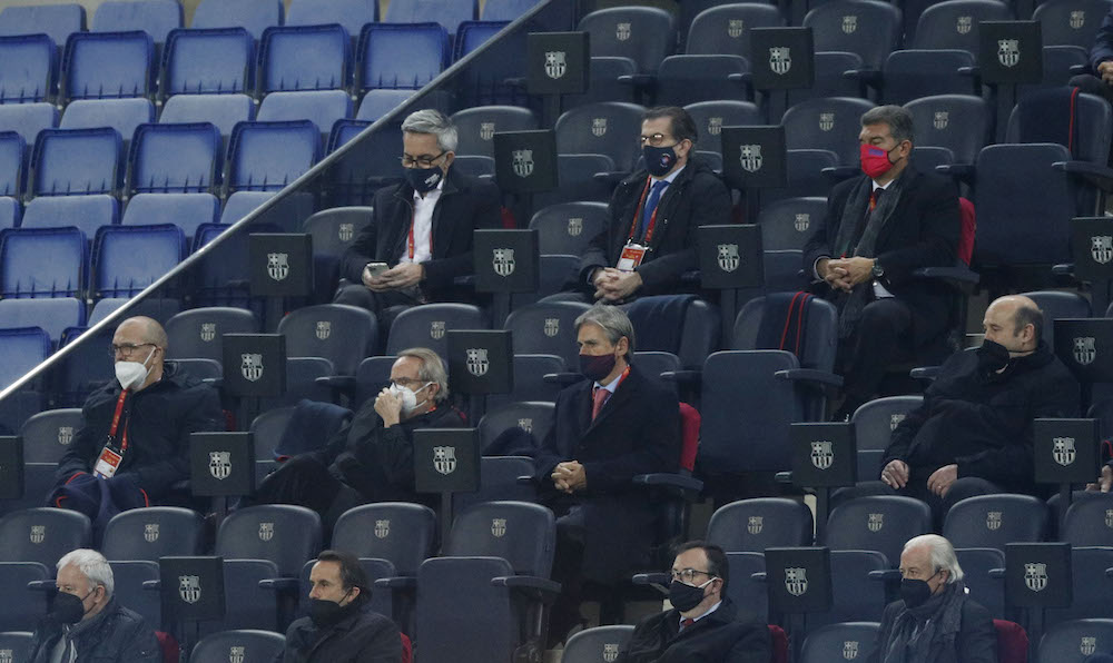 The candidates for the Barcelona's president election Joan Laporta, Antoni Freixa and Victor Font watch from the stand, March 3, 2021. u00e2u20acu201d Reuters pic 