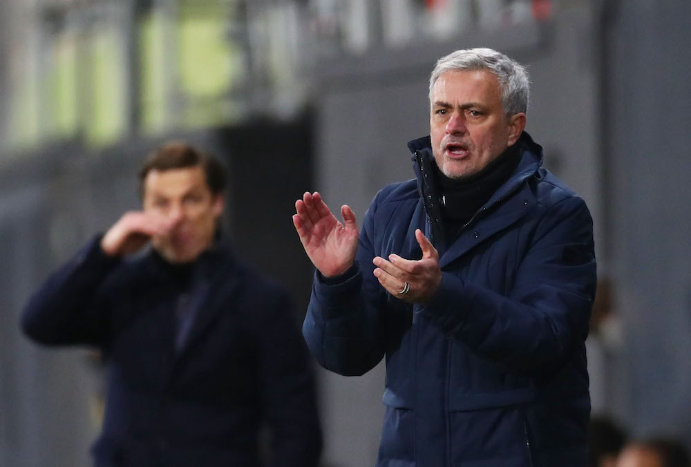 Tottenham Hotspur manager Jose Mourinho reacts alongside Fulham manager Scott Parker, March 5, 2021. u00e2u20acu201d Pool via Reuters/Clive Rose 