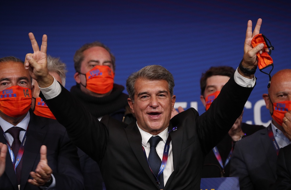 Newly elected FC Barcelona president Joan Laporta and his staff after the press conference, Barcelona March 8, 2021. u00e2u20acu201d Reuters pic