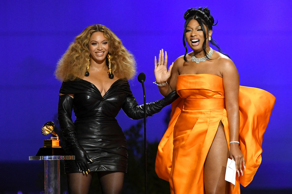 Beyoncu00c3u00a9 and Megan Thee Stallion accept the Best Rap Performance award for 'Savage' onstage during the 63rd Annual Grammy Awards in Los Angeles March 15, 2021. u00e2u20acu201d Kevin Winter/Getty Images for The Recording Academy/AFP pic
