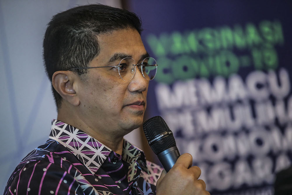 Senior Minister cum International Trade and Industry Minister Datuk Seri Mohamed Azmin Ali at the press conference in the Ministry of International Trade and Industry (Miti), March 18, 2021. u00e2u20acu201d Photo by Hari Anggara