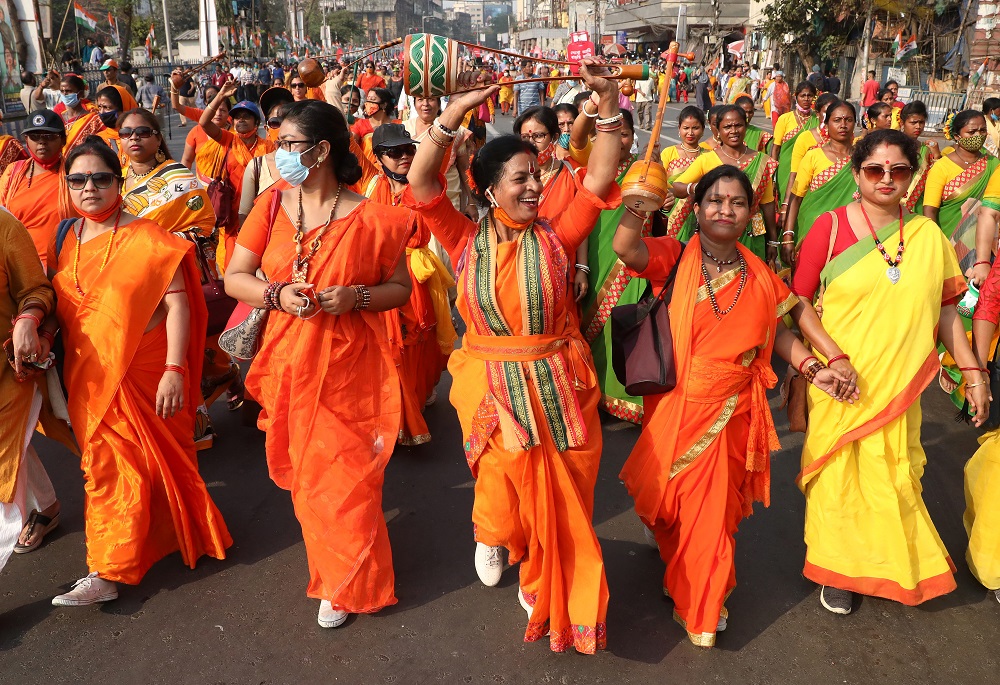 Women attend a protest march against the rise in fuel prices on the occasion of International Women’s Day in Kolkata March 8, 2021. — Reuters pic