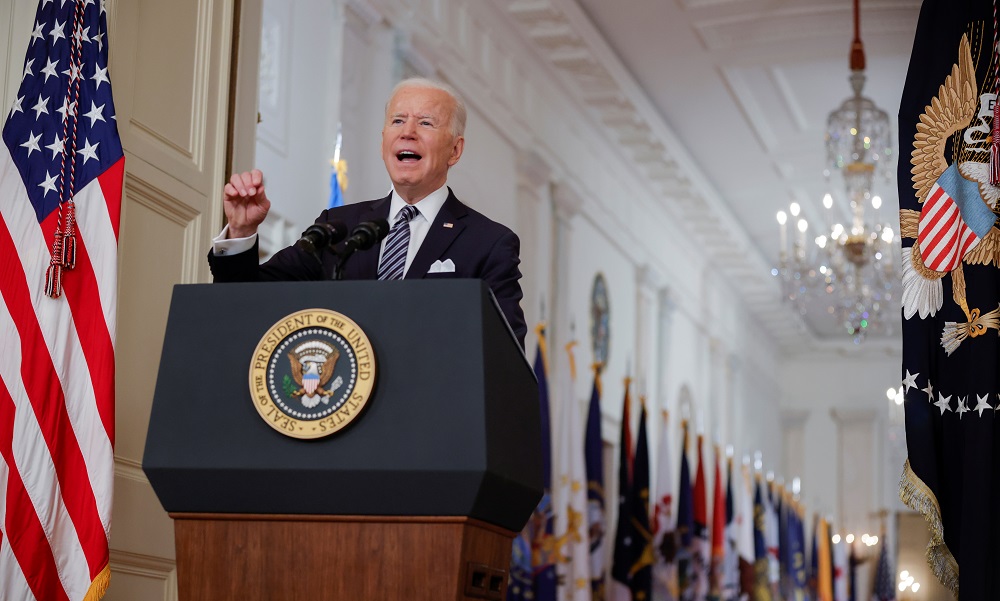 US President Joe Biden delivers his first prime time address as president, marking the one-year anniversary of widespread shutdowns to combat the Covid-19 pandemic, in Washington March 11, 2021. u00e2u20acu201d Reuters pic
