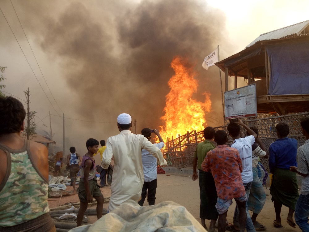 Fire is seen at Balukhali Refugee Camp, in Cox’s Bazar, Bangladesh March 22, 2021, in this picture obtained from social media. — Picture by Md Jamal Photography via Reuters