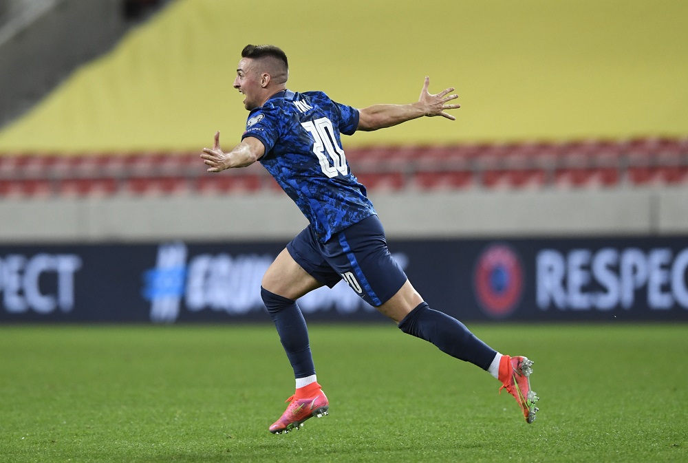 Slovakia's Robert Mak celebrates scoring their second goal against Russia at the Stadion Antona Malatinskeho in Trnava, Slovakia March 30, 2021. u00e2u20acu201d Reuters pic