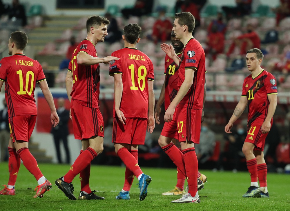 Belgiumu00e2u20acu2122s Hans Vanaken celebrates scoring their eighth goal against Belarusat the Den Dreef stadium in Leuven, Belgium March 30, 2021. u00e2u20acu201d Reuters pic