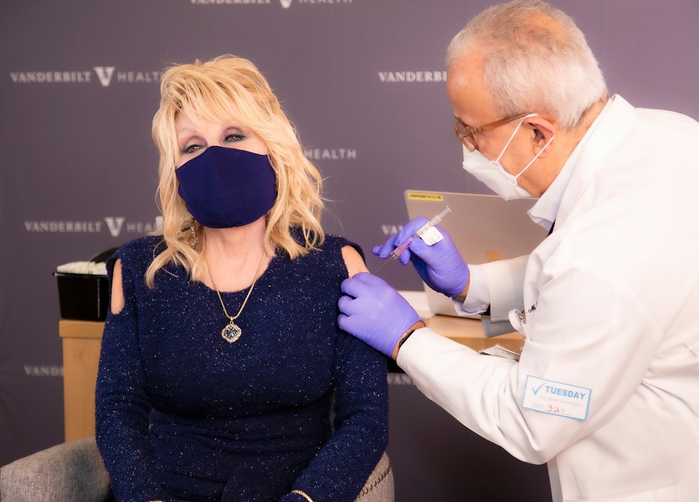 Country singer Dolly Parton inoculated with the Moderna Covid-19 vaccine that she helped to fund. u00e2u20acu201d Picture via Facebook/ Dolly Parton