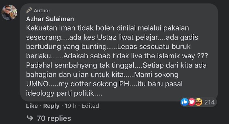 Azhar called out hypocrites on his page for judging a person based on what they wear. — Picture from Facebook/azhar.sulaiman.73