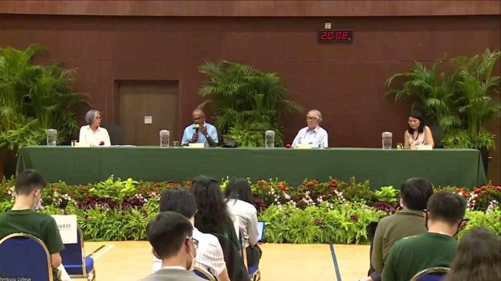Panel at Tembusu Collegeu00e2u20acu2122s forum (from left): Aware executive director Corinna Lim, Law and Home Affairs Minister K Shanmugam, college rector Tommy Koh and Junie Foo, president of the Singapore Council of Womenu00e2u20acu2122s Organisations. u00e2u20acu201d TODAY pic