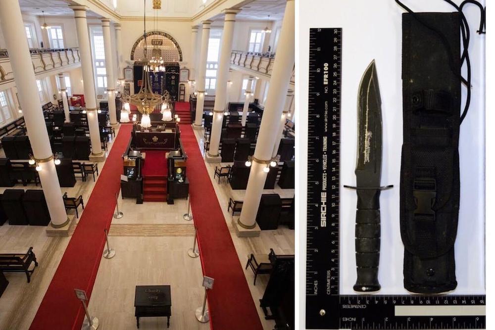 Amirull Ali has been detained under the Internal Security Act for plotting to attack Jews with a knife (right) at the Maghain Aboth Synagogue on Waterloo Street (left). u00e2u20acu201d TODAY pic