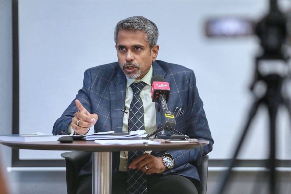 Newly elected Malaysian Bar president AG Kalidas speaks during a press conference at Malaysia Bar council building March 13,2021. u00e2u20acu201d Picture by Ahmad Zamzahuri