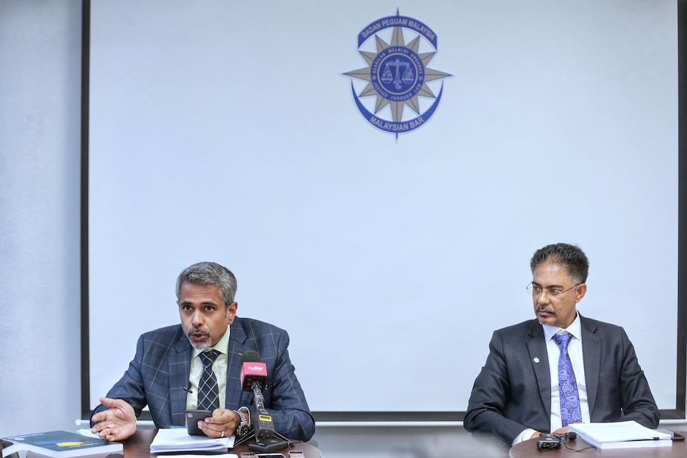 Newly elected Malaysian Bar president AG Kalidas (left) and his Vice President Surindar Singh  during a press conference at Malaysia Bar Council building in Kuala Lumpur March 13,2021. u00e2u20acu201d Picture by Ahmad Zamzahurin